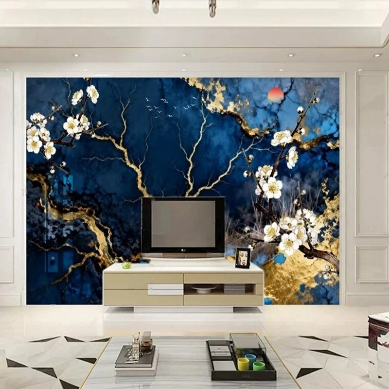 

Modern high-end light luxury blue ink-infused gilded marble tile plum blossom TV luxurious home decoration background wall paper