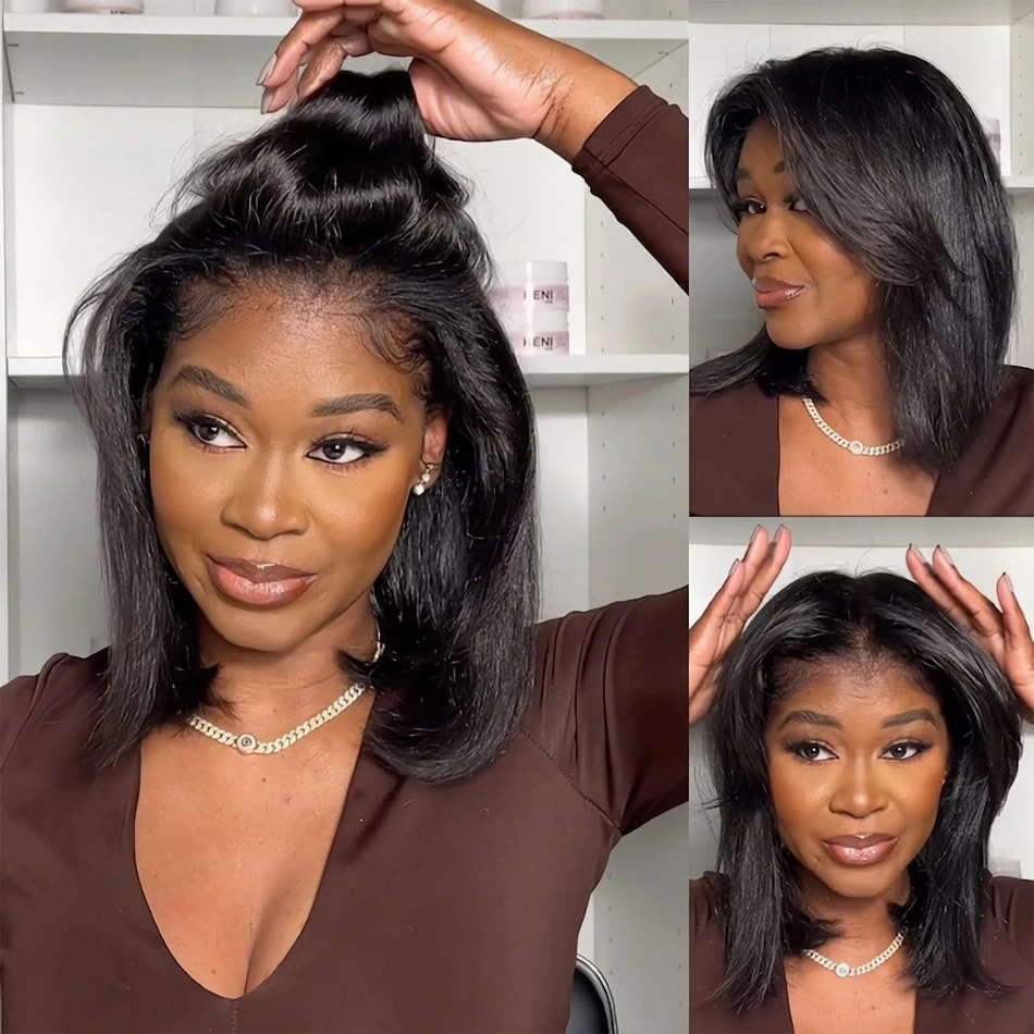 Glueless Kinky Straight Bob Wigs 100% Human Hair 13x4 Lace Front Wig For Women Natural Color 8-14Inch Yaki Straight Bob Ready Go