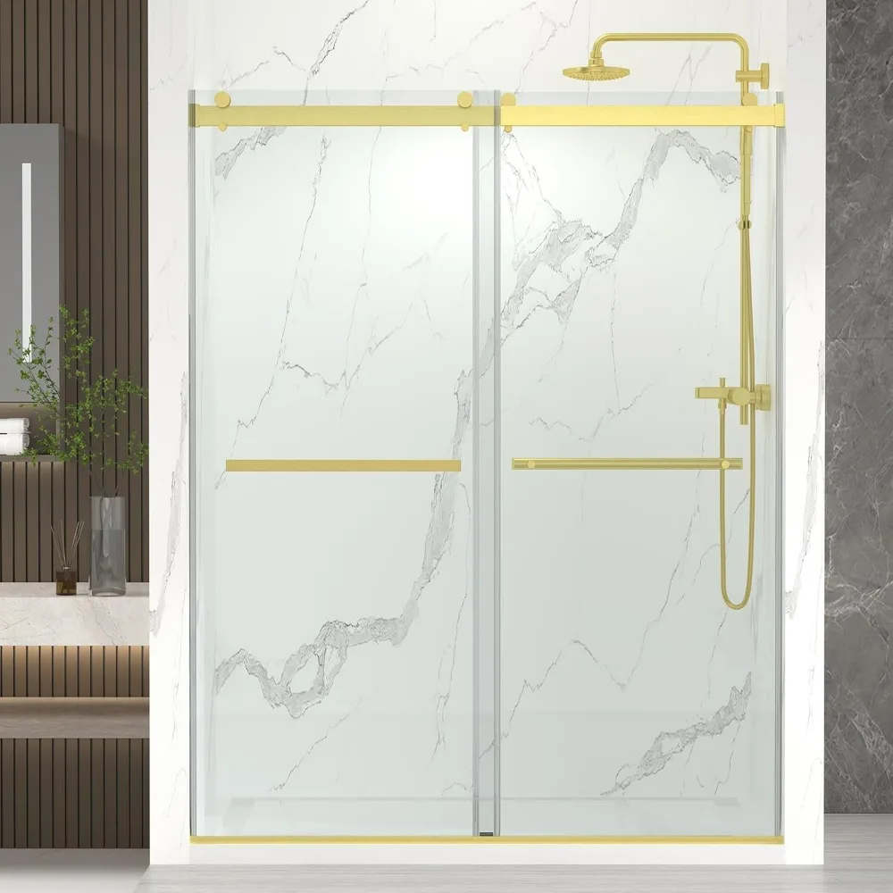 

56-60” x 76” Frameless Shower Door, 5/16"Clear SGCC Tempered Glass, Bathroom Dual Sliding Shower Doors, Brushed Gold Shower Door