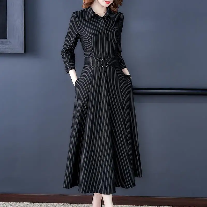 Turn-down Collar Fashion New Long Sleeved Belt Striped Autumn Winter Dress Women's Clothing 2022 Pullover Empire Office Lady