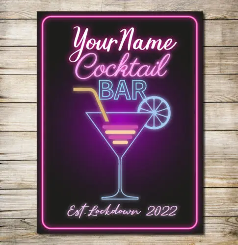 1pc Personalised Cocktail Bar Sign Neon Effect Gloss Wall Metal Plaque Garden Gift