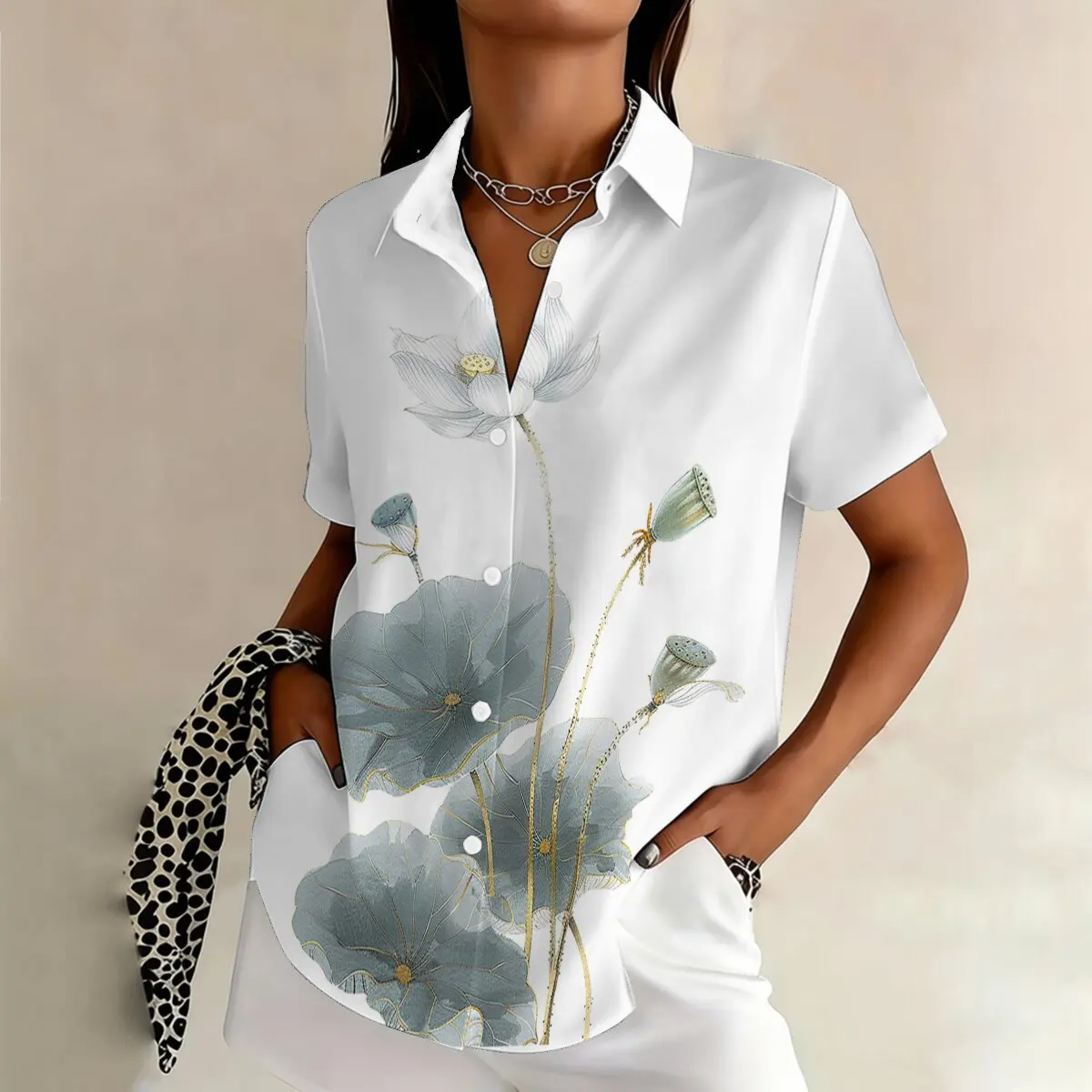 

Женская летняя рубашка больших размеров с коротким рукавом, с принтом в стиле туши и рисунком листьев лотоса, в ретро-стиле, художественный дизайн, подходит для любого случая.