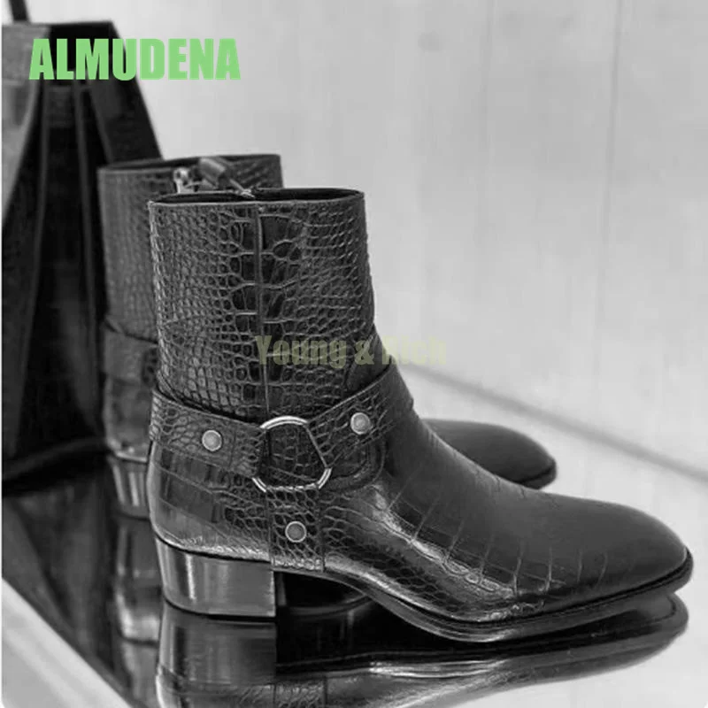 Spring and Summer Fashion Personality Trend Youth Black Crocodile Pattern Pointed Side Zipper Thick Heel Chelsea Boots
