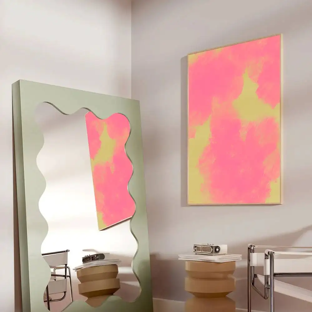 Abstrakte Pinselkunst, rosa Wolken auf gelbem Hintergrund, Poster, Wandbild für Wohnzimmer, Schlafzimmer, Büro, Wanddekoration, Geschenk für Freunde