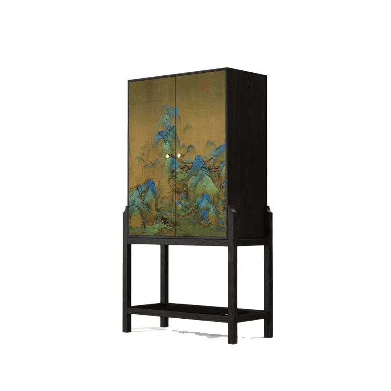 Oriental Aesthetic Thousand Miles Landscape Wooden Cabinet Set, Mid Century Sideboard for Living Room Entry Decor