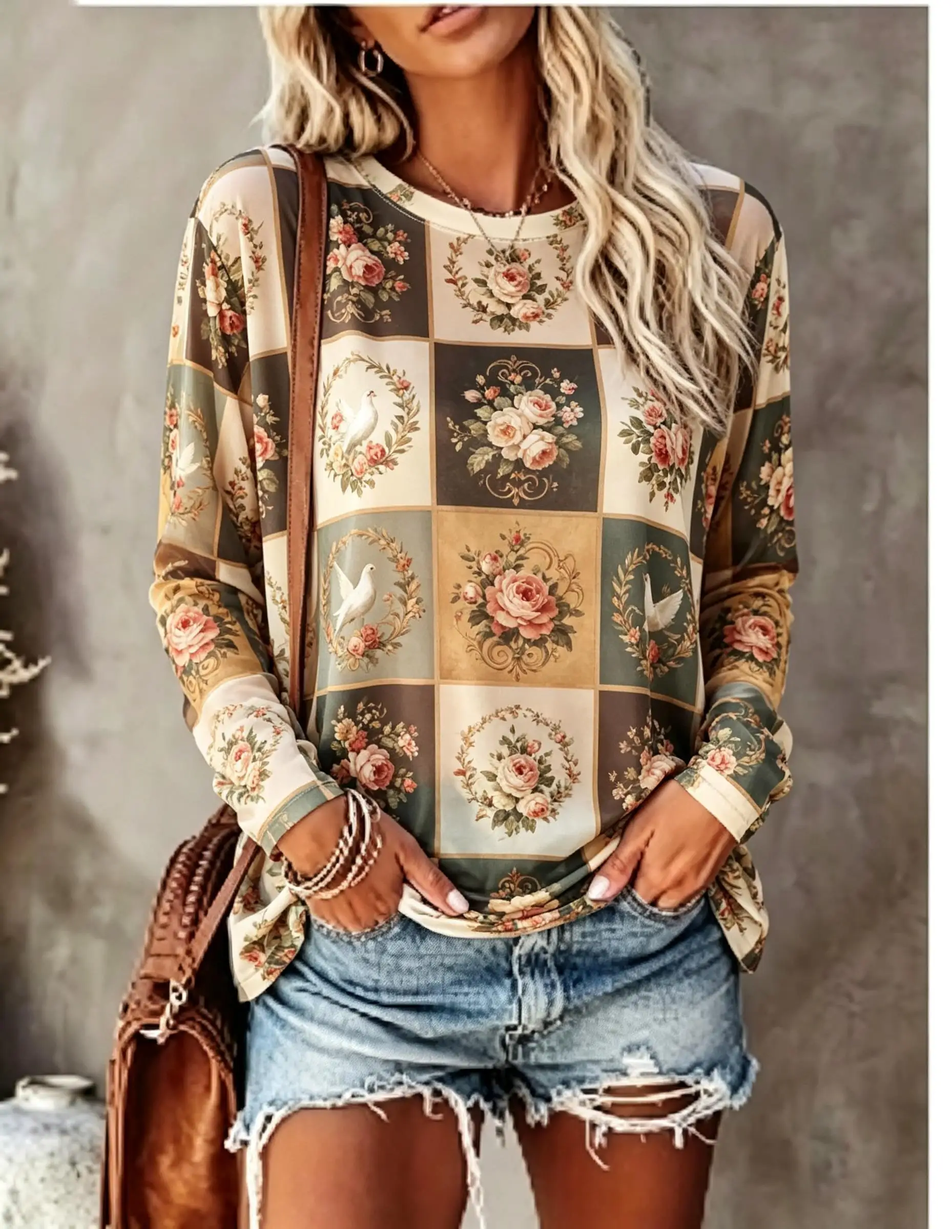 Women Long Sleeve T Shirt Vintage Nautical Sailboat Wave Compass Grid Print Crew Neck Casual Fall Tops