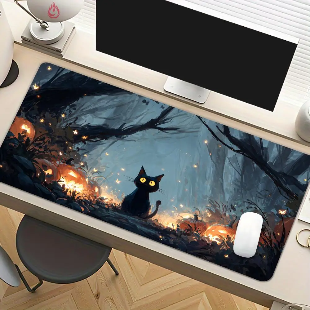 Mysterious Black Cat Firefly Mouse Pad Desk Mat Large Computer Office Carpet Mousepad Gamer Gaming PC Accessories Keyboard Rug