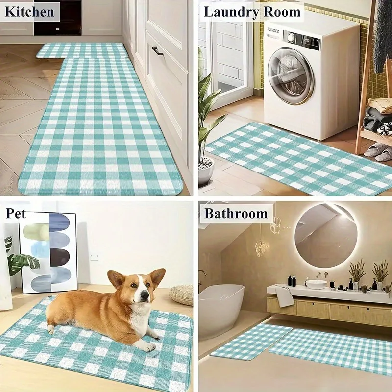 

1PC Blue grid Pattern Kitchen Rug Non-Slip Door Mat Pop design Bathroom Rug Bath Mat Carpet for Home Sink Laundry Decor