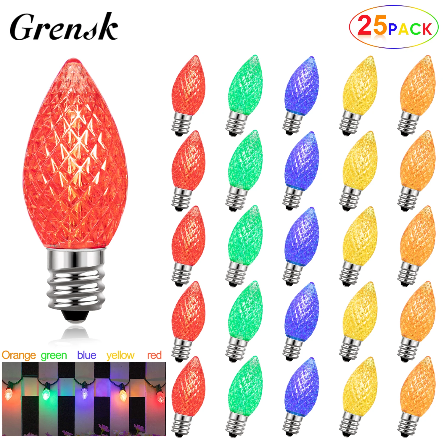 25 Sets of C7 Led Birthday Light Bulbs E12 Candelabra Base 1Watt Shatterproof Multicolored String Light Garland Replacement Bulb