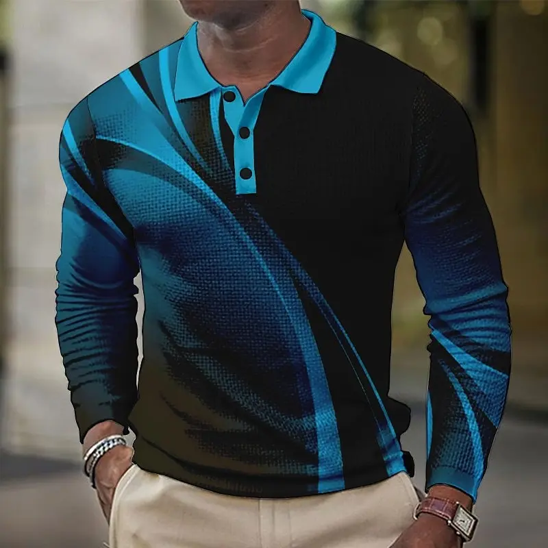 2025 Fall Winter Men's Geometic line Long Sleeve Polo Shirts Breathable Casual Tops Slim Fit Quick Drying Classic Collar
