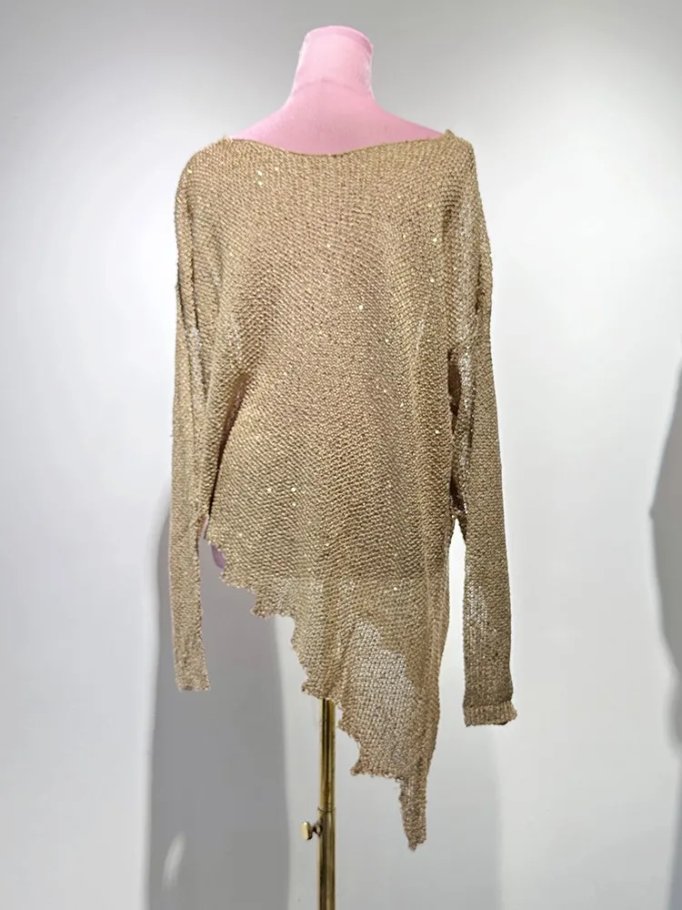 Sequined Blouse Shine Sliver Gold Bright Silk Thin Knitted T-shirt Long Sleeve Irregular Hem Loose Casual For Women Sunscreen