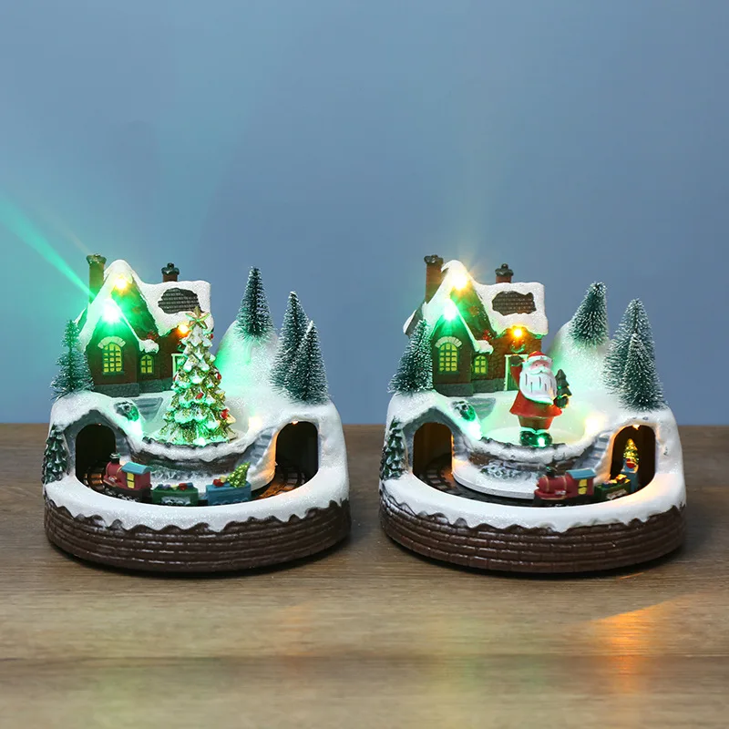 Santa Glowing Little House Resin Injection Molding Christmas Tree Spinning Little Train Igloo Decorations with Music