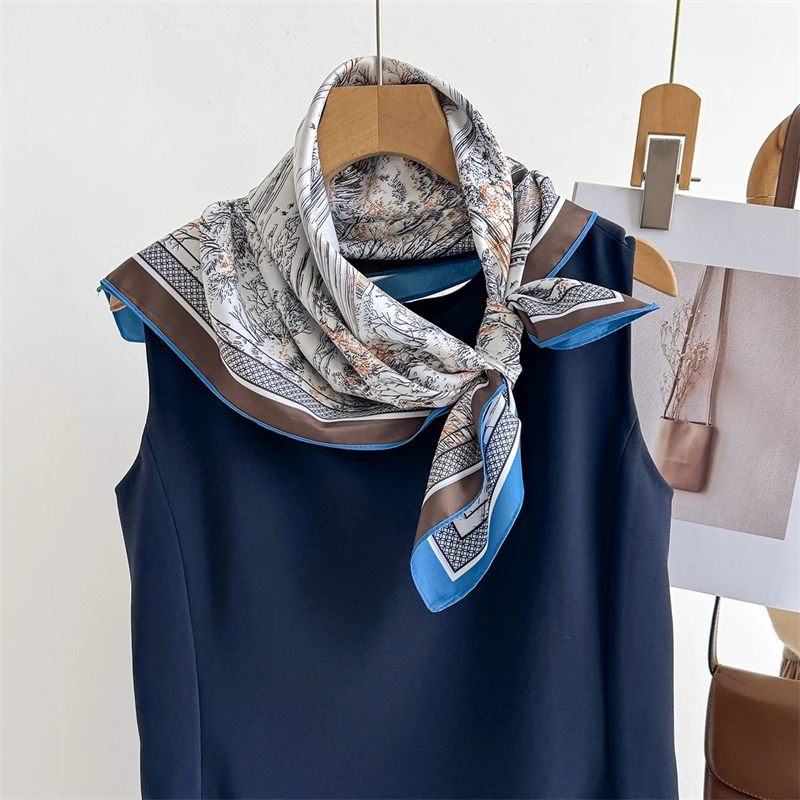 

70cm Print Twill Silk Women Hijab Female Foulard Headband Bandana Luxury Brand Square Scarf Design Double Side Shawl Wrap