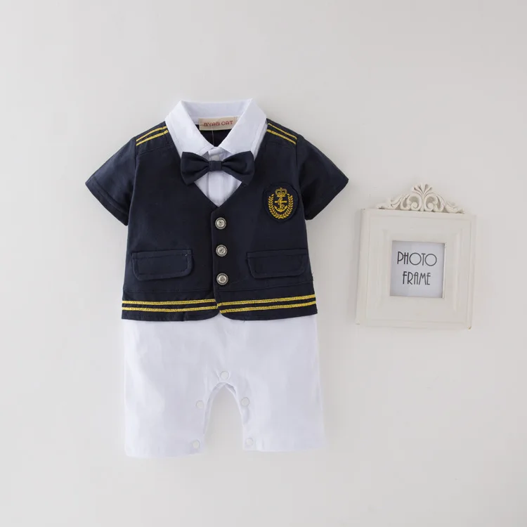 Newborn Baby Boy Clothes Romper Summer Short Sleeve Marine Navy Sailor Outfit Infant Cotton Jumpsuit Baby Girl Bow Tie Boys Tops