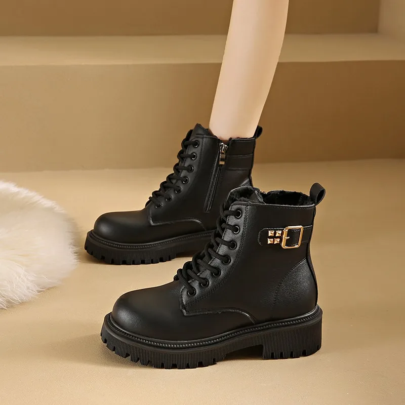 2024 New Winter Women's Boots Fashion Belt Buckle British Style Lace-up Short Boots Thick Sole Wear-resistant Fashion Boots