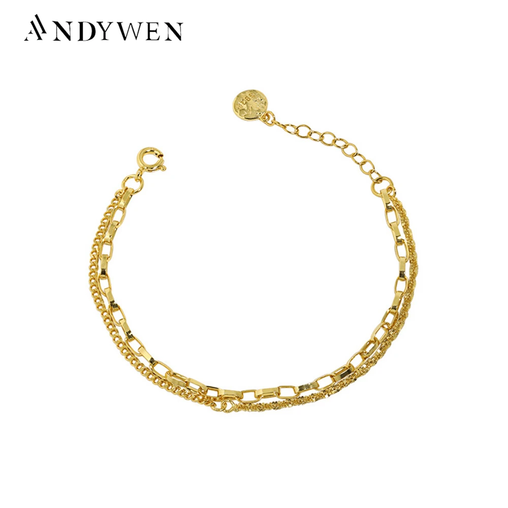 ANDYWEN 2020 New 925 Sterling Silver Gold Horoscope Round Chian Double Bracelet Women Rock Punk Bangle Women Party Luxury Jewels