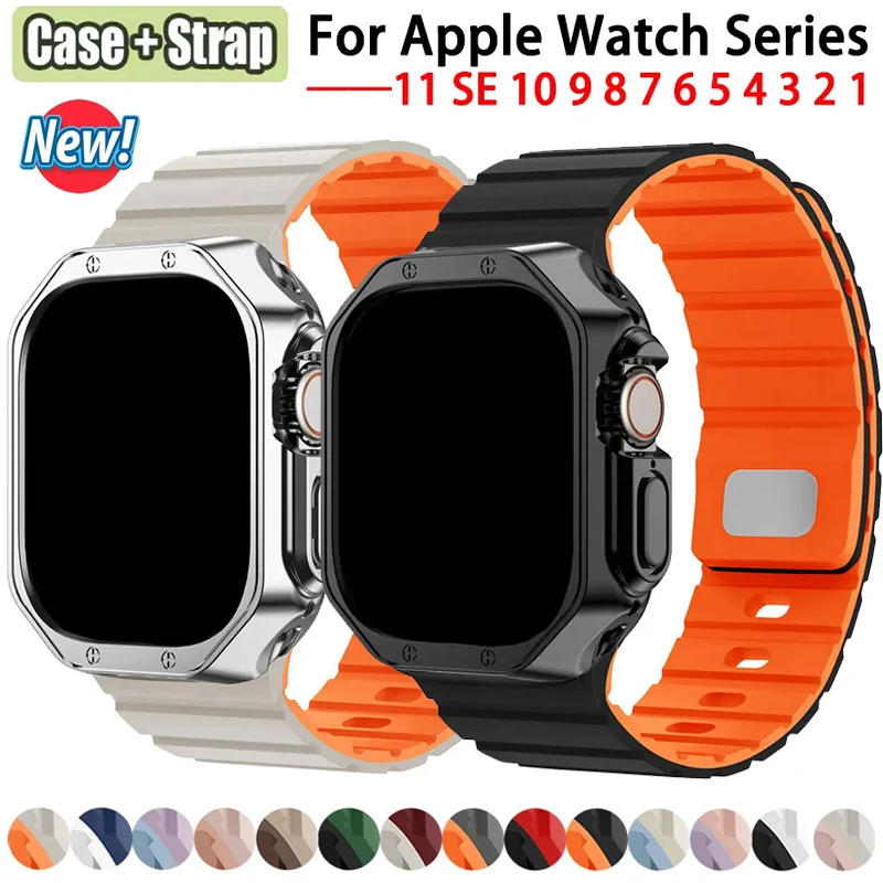 Silikon-Magnetarmband + TPU-Hülle für Apple Watch Armbänder 40mm 44mm 42mm 49mm 46mm 41mm 45mm Correa Armband 11 10 SE 9 8 7 Ultra 3 2