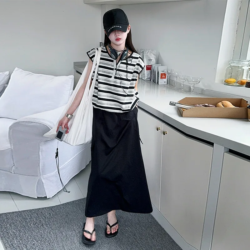 

Детский летний комплект 2026: Новинка! Повседневный костюм для девочек-подростков: полосатый топ без рукавов + юбка в рабочем стиле, 2 предмета. Детская одежда.