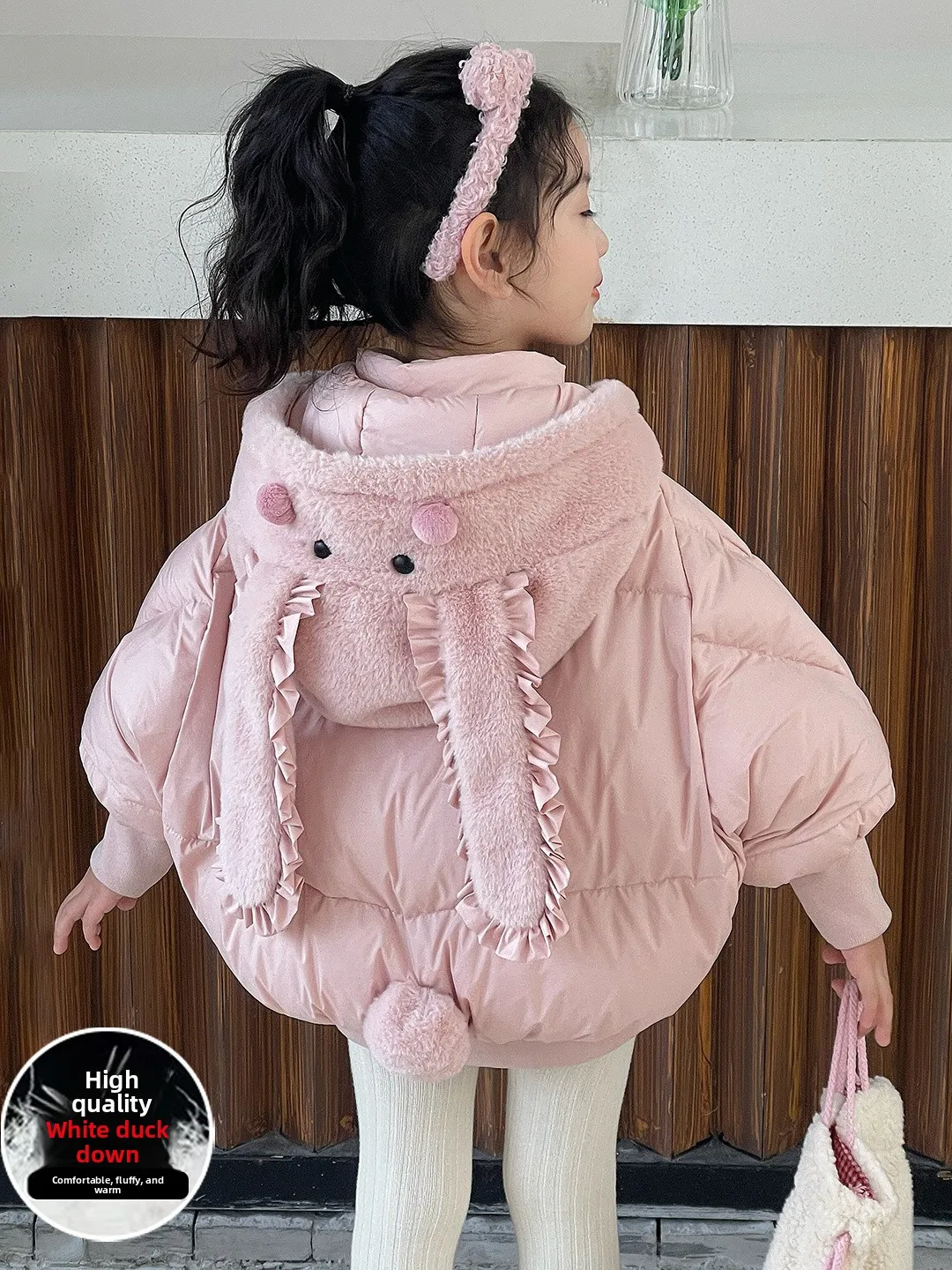 

Зимнее пальто Jaet с милыми кроличьими ушками для девочек, теплая верхняя одежда с капюшоном и белым утиным пером, милая несъемная шапка