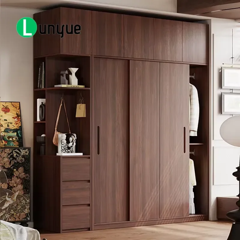 Full Solid Wood Sliding Door Wardrobe Modern Simple Medieval Style Multi Functional Storage Furniture for Small Bedroom Home
