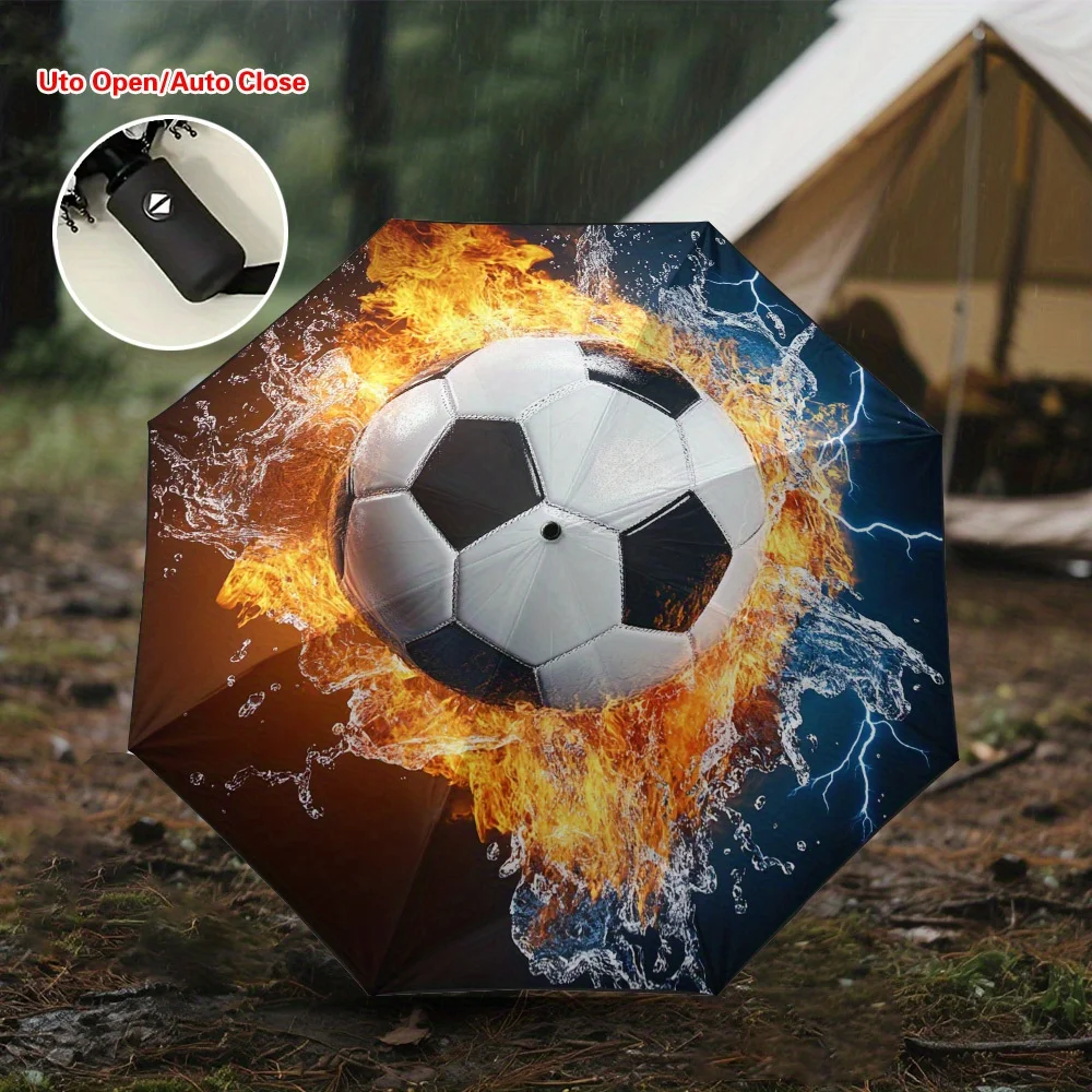 

Складной зонт с огненным футбольным принтом, 1 шт. - автоматическое открытие/закрытие, компактный зонт-парасоль с прочной 8-спицевой рамой, легкий вес.
