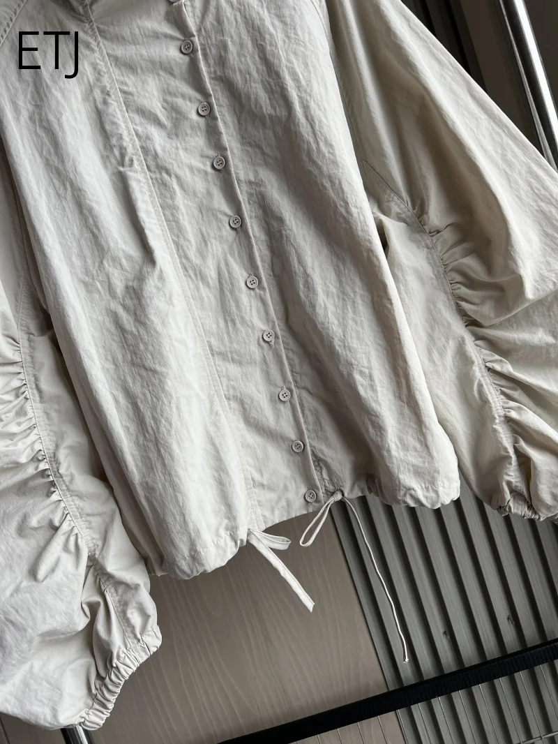 ETJ 2026 Damen Polyester Windbreaker mit Stehkragen, Knopfleiste, Leichtgewicht, Wasserabweisend, Puffärmel, Oversize-Jacke – Detail 13