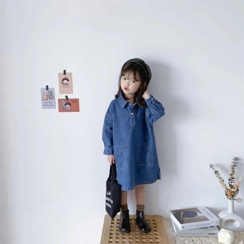 

Girls Casual Dresses Girls' Denim Dress Vintage Washed Long Sleeve Jean Dress Casual Autumn Dress for Toddlers Soft Cotton