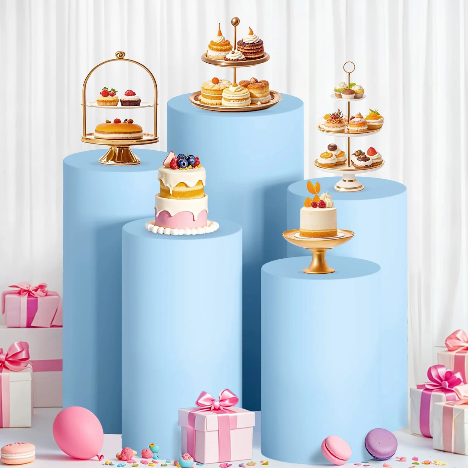 

3/5pcs Solid Color Cylindrical Cover Dessert Cake Table Backdrop Custom Birthday Wedding BabyShower Party Decor Elastic Fabric