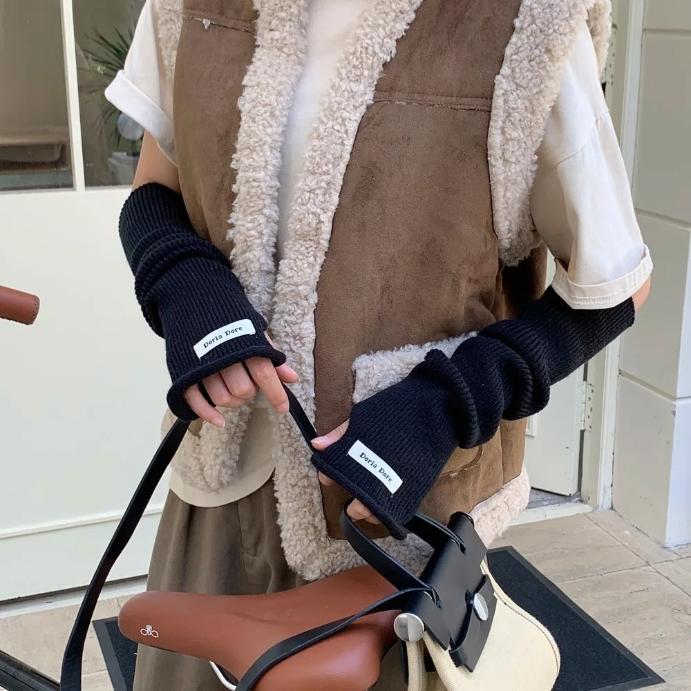 يغطي اليد الكورية نمط محبوك الأكمام الدافئة بلون Y2k قفازات الذراع الصوفية الحلو مطاطا طويلة أصابع الأكمام الخريف