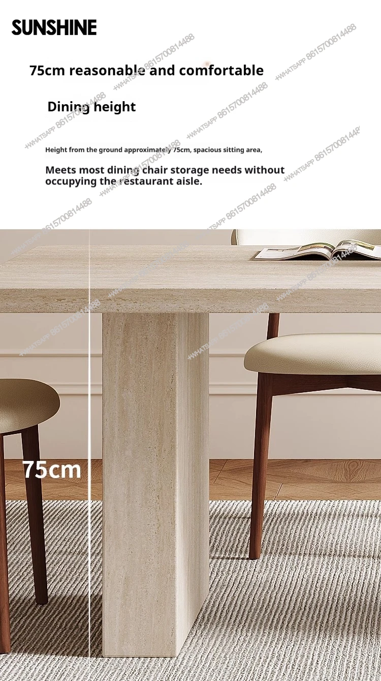 Mid-Century Travertine Dining Set: Wabi-Sabi Rectangular Table & Chairs, Customizable French Luxury for Small Spaces​​