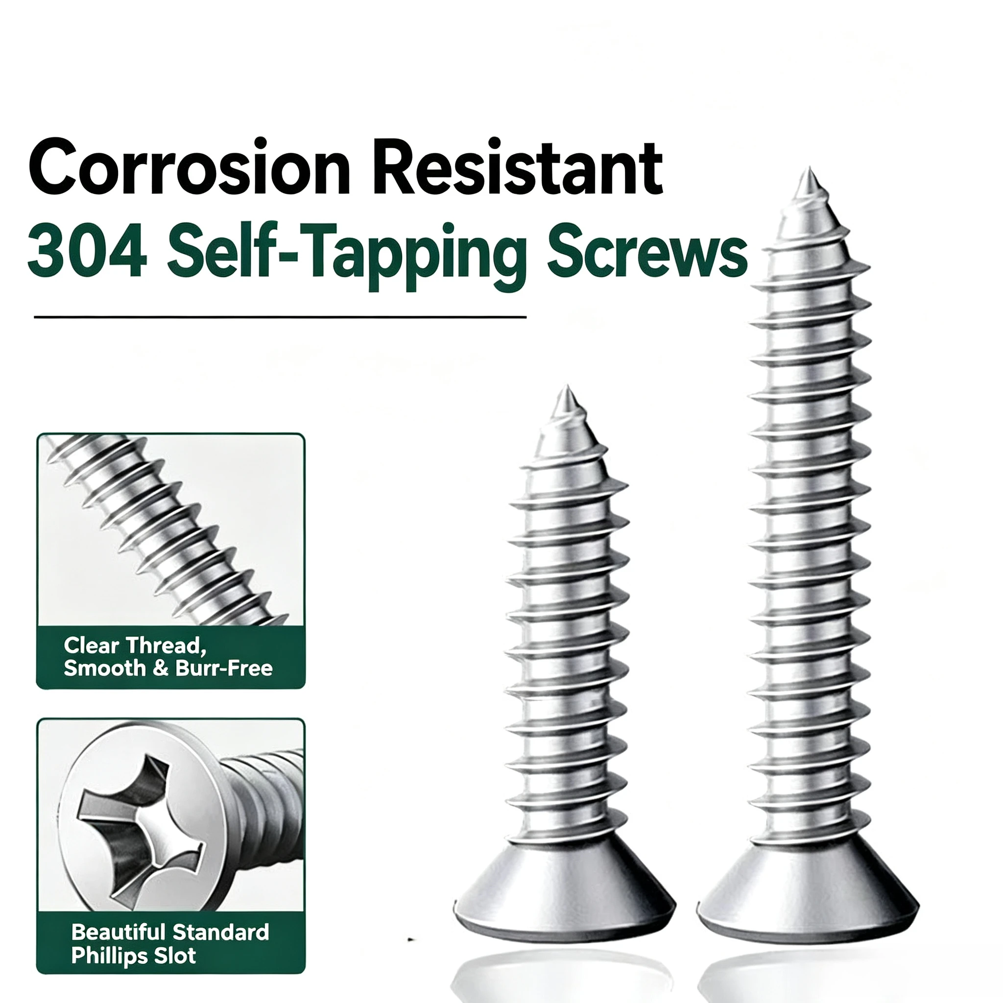 304 stainless steel cross recessed countersunk head self-tapping screws, flat head, sharp tail, extended type M1~M3.5