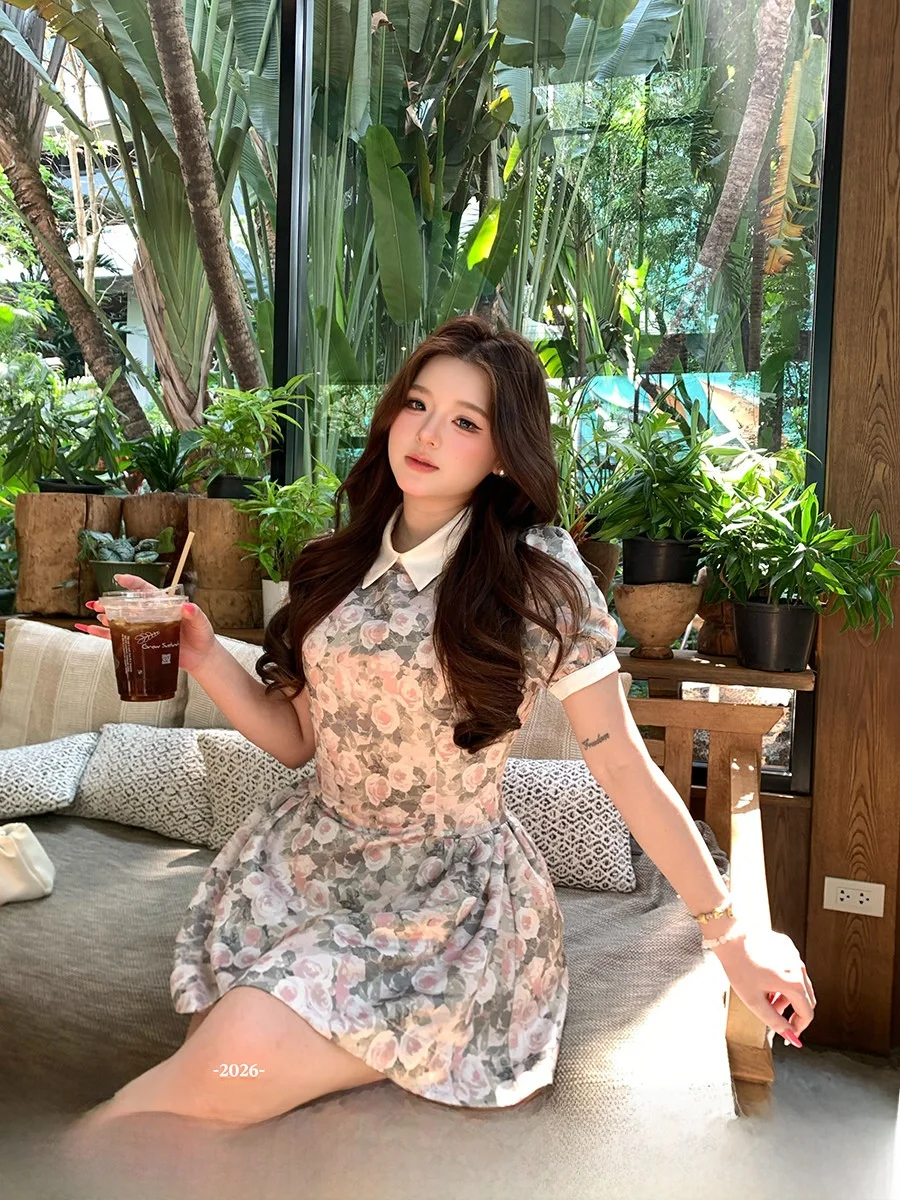 

Rose Oil Painted Puff Sleeve Shirt Collar Waisted Floral Print Frock for plus Size Women Vintage Style Short Dress Zipper Back