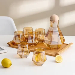 Luxury Diamond Shape Glass Water Kettle with Natural Wood Ball Lid Clear Cold Water Jug Juice Beverage Pitcher Home Drinkware