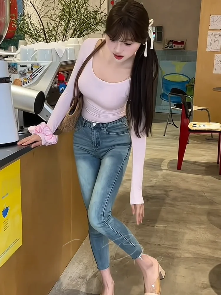 

High Waist Slim Fit Women's Jeans with Built-In Hip Pad Korean Sle Peach Butt Jeans Spring Autumn Versatile Cotton Stretch ...