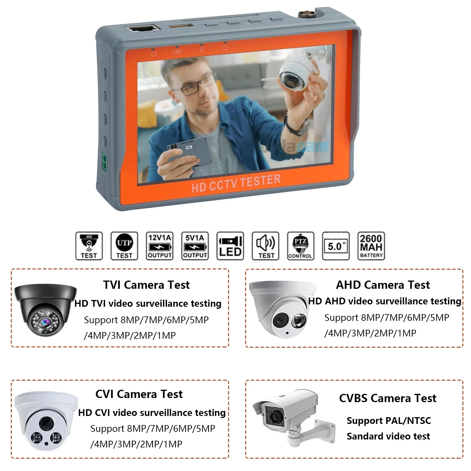 IV5 Cctv Tester Mini Monitor 5inch Screen 8MP TVI CVI CCTV Tester Analog Camera 1080P Portable AHD Monitor Support PTZ Camera