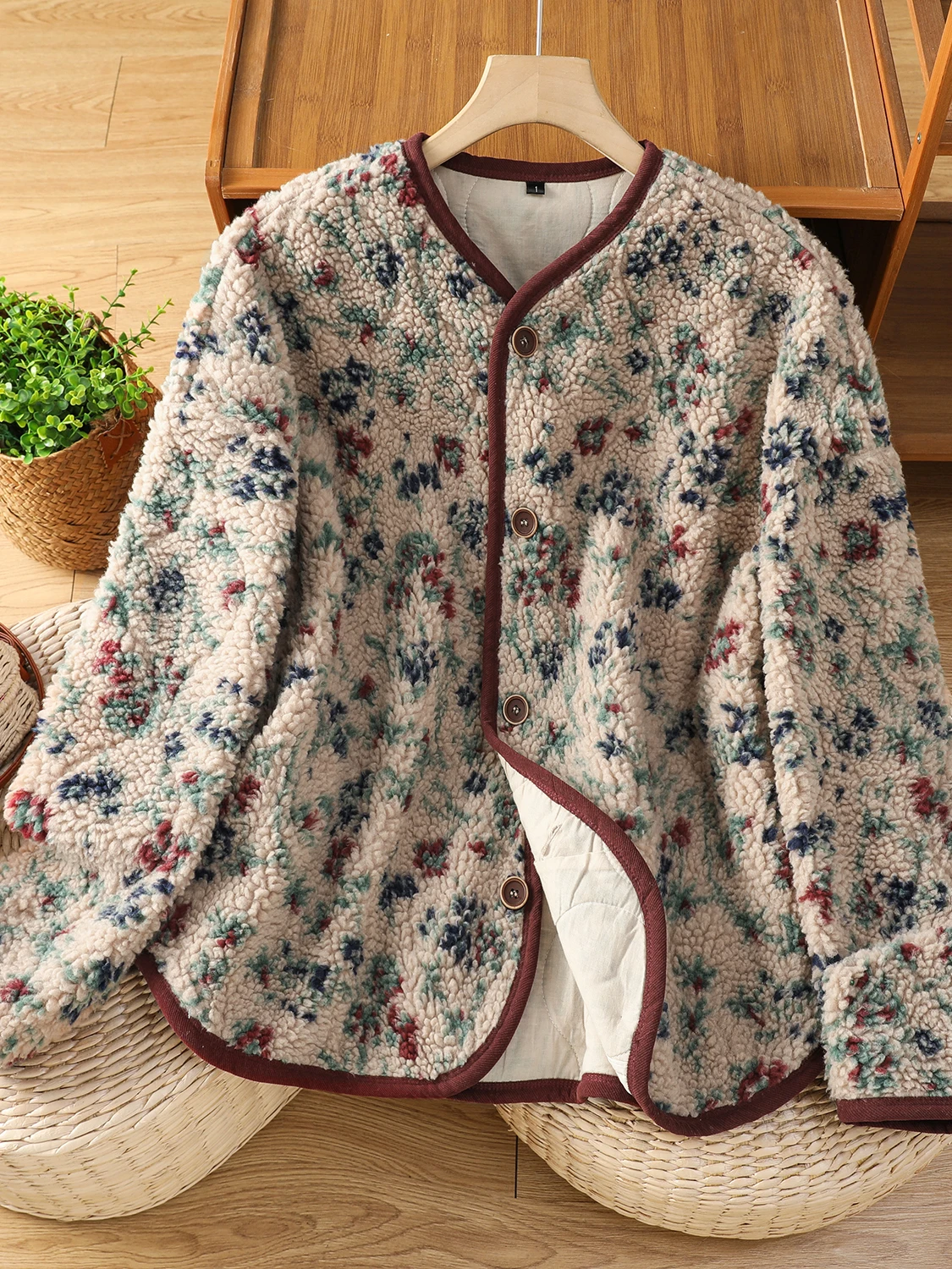 

Retro Floral Thi Warm Outerwear Women Winter New Loose Casual Single Buttoned Lamb Velvet Open Cardigan Top