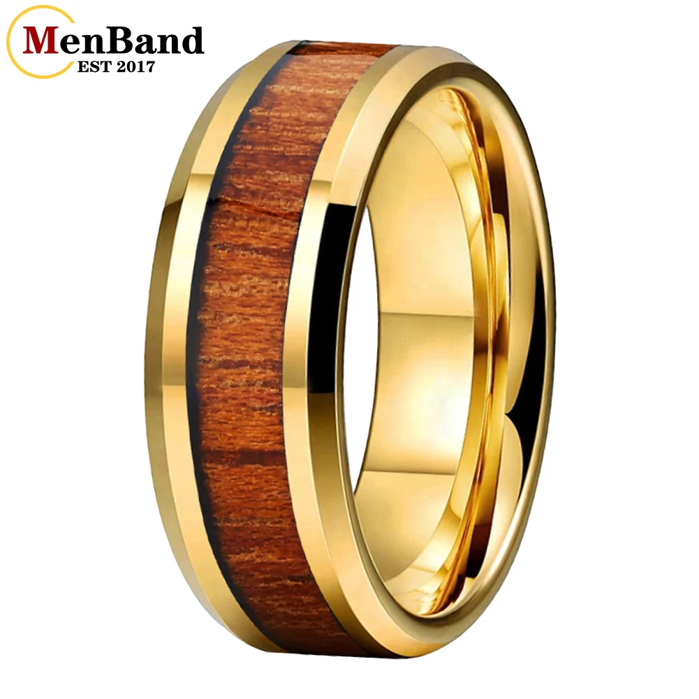 

MenBand Fashion 6/8MM Vintage Men Women Tungsten Wedding Band Ring Hawaiian Koa Wood Inlay Beveled Edges Polished Comfort Fit