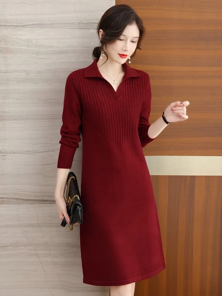 Oversize Women Knitting Sweater Dress For Spring Autumn 2024 New Casual Turn Collar Pullover Solid Patchwork Slim Female Dresses