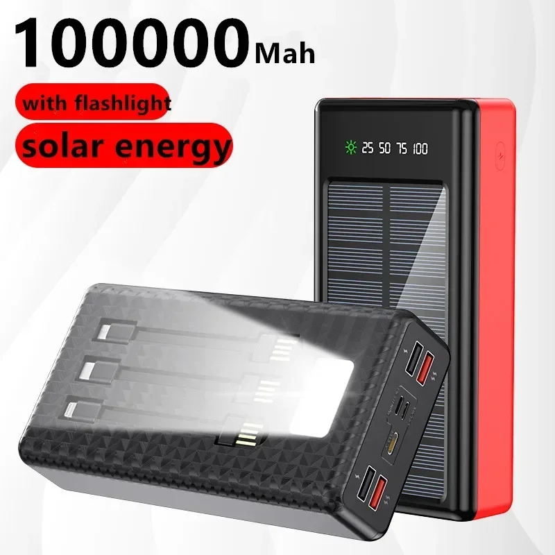 Solar 100000mAh Power Bank in 3 Cable Powerbank Waterproof Battery External Portable Charging Powerbank  for Xiaomi Samsung IPho