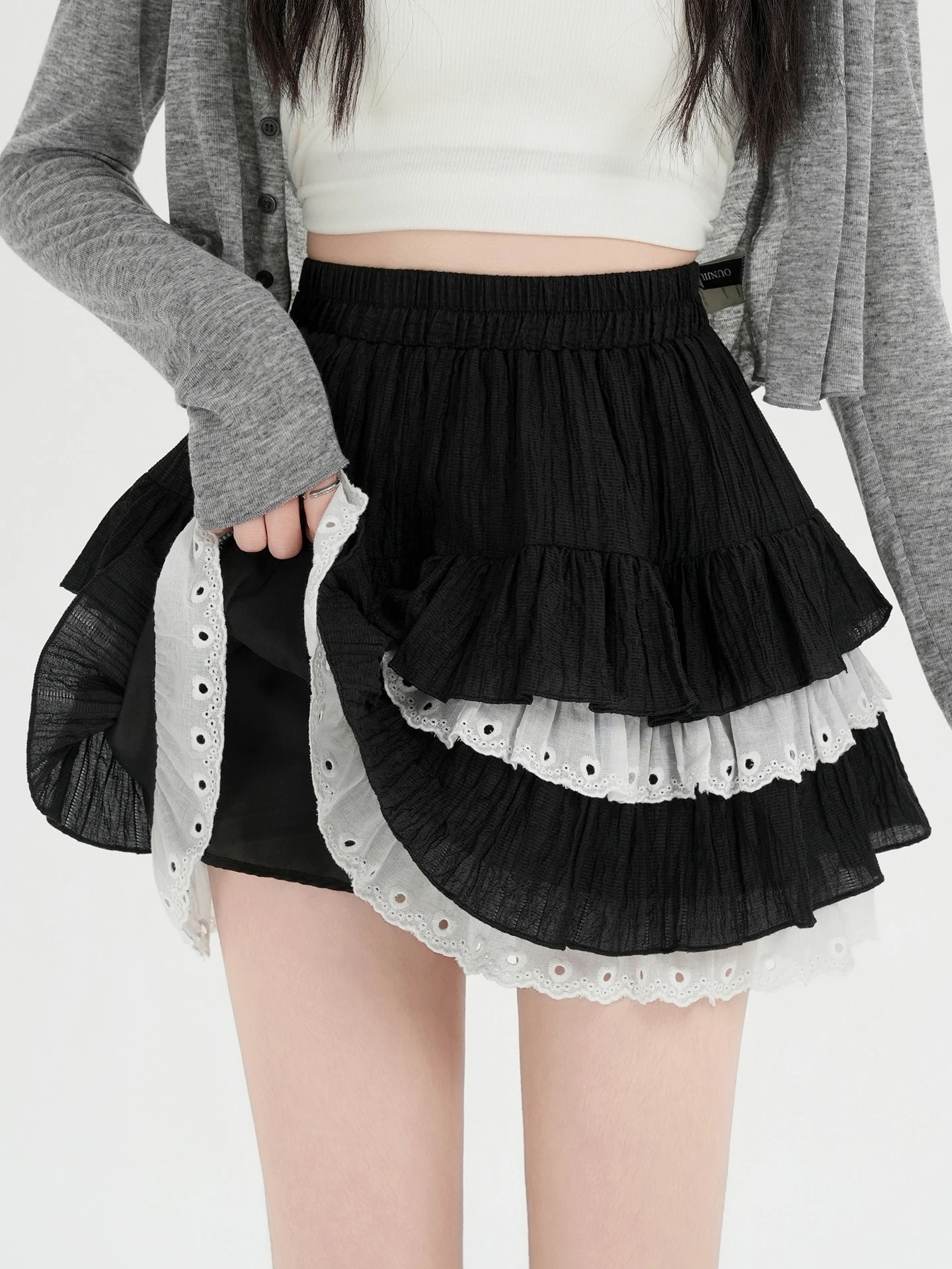 

Новая женская юбка А-силуэта с кружевной отделкой и пышными оборками, весна-лето, молодежная, с высокой талией, во французском стиле, с вырезами, повседневная