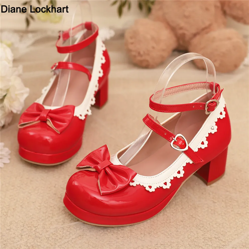 

Sweet Girls Patent Leather Lolita Ruffles Shoes Women Bride Wedding Party Platform Mary Janes Pumps Ankle Strap Mid Heels Pink