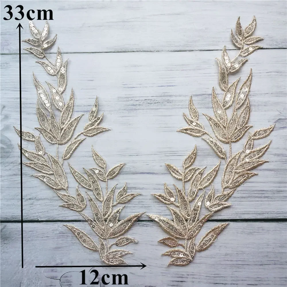 2PCS Light Gold Leaf Leaves Lace Fabric Sequin Embroidered Gown Appliques Collar Sew Patches For Wedding Decoration Dress DIY