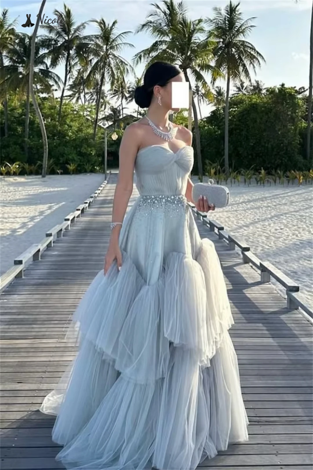 Nicole robes noires femme robes de soirée élégantes 2025 femme multicouche sur mesure ligne une épaules dénudées robe de bal