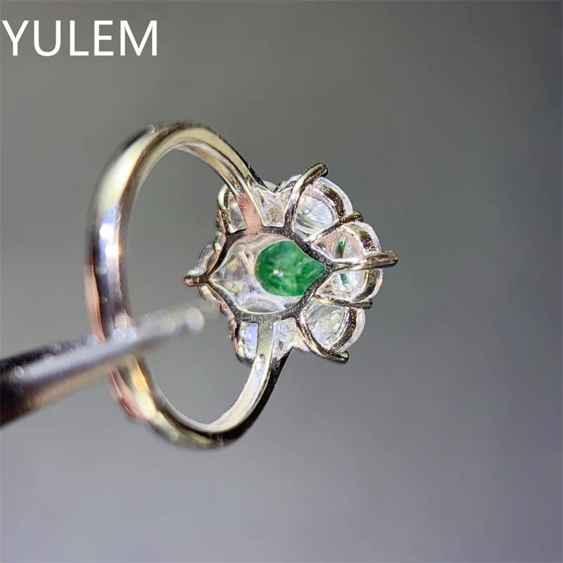 YULEM Natural Emerald Ring 5×7mm Oval Natural  Gemstone Halo Zircon Surrounded 925 Sterling Silver Ring for Women Engagement