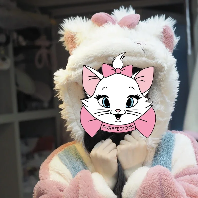 Disney Marie Cat Lucifer Cat Plushes Pajamas Robes for Women Winter Warm Home Hooded Thicken Sleepwear Kawaii Couple Bath Robe