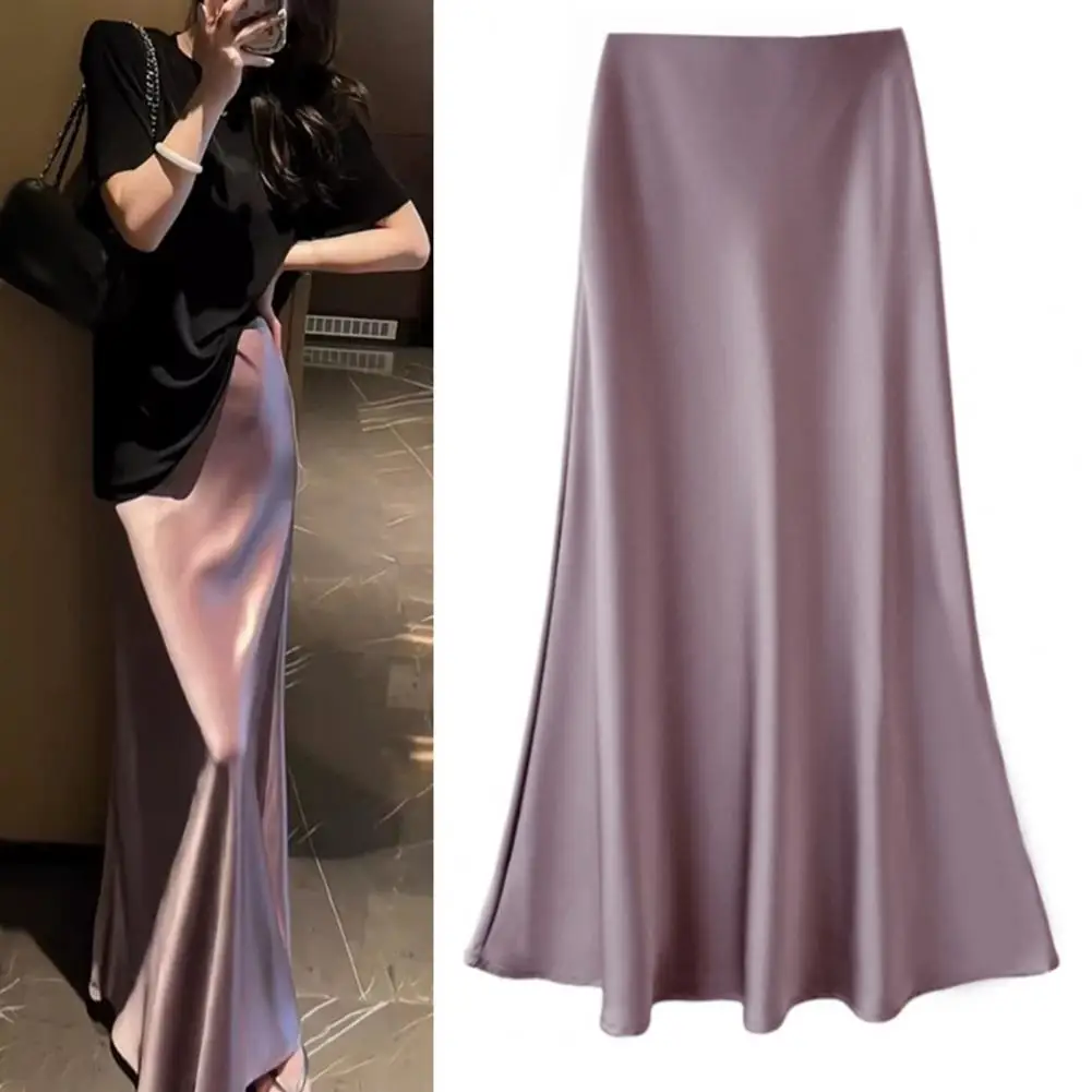 

Elegant A-line Skirt Elegant Satin A-line Fishtail Midi Skirt for Women High Waist Solid Color Hem Skirt Stylish Workwear Option