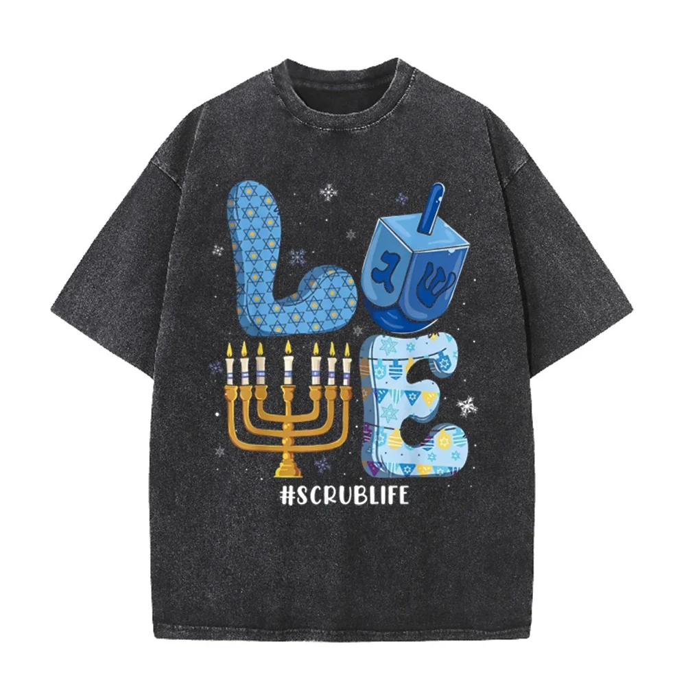 2026 Vintage Hanukkah Menorah Dreidel Love Letter Graphic Black Acid Washed T Shirt Jewish Holiday Nurse Worker Casual Oversized