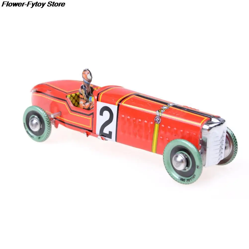 1Pc Iron Metal Handicraft Vintage Windup Classic Red Race Car Model Clockwork Tin Vehicle Toy Collectable Gift