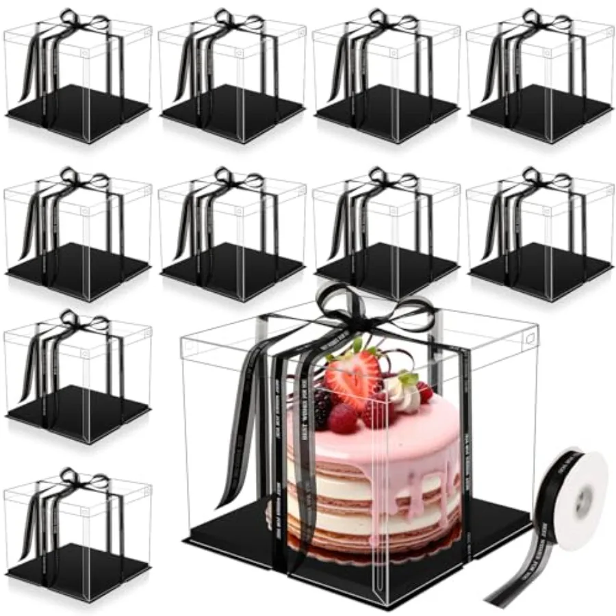 

10 прозрачных высоких коробок для тортов 12" x 12" x 10" (30,5 x 30,5 x 25,4 см), большие прозрачные коробки для тортов с лентой, контейнеры для тортов из ПЭТ, для хранения свадебных тортов