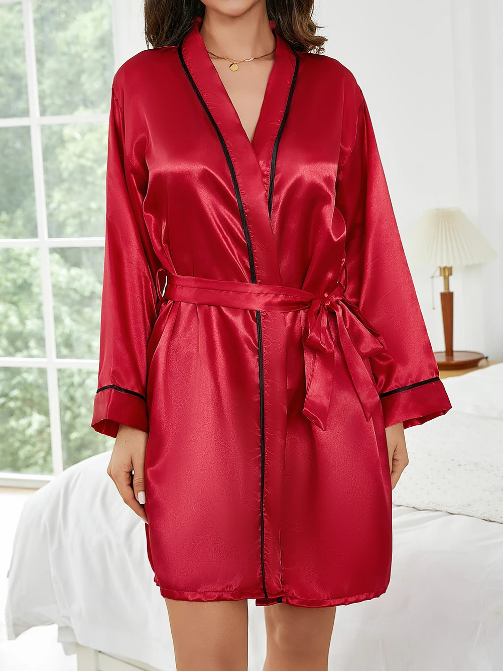 Reine Farbe Kurze Robe Frauen Sommer Dünne Hause Nachtwäsche Casual Bademantel Mode Vielseitig – Detail 9
